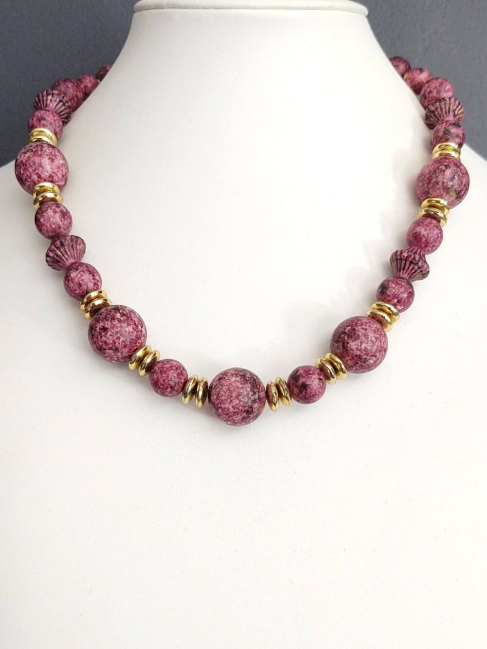 Wine speckled bead and gold necklace